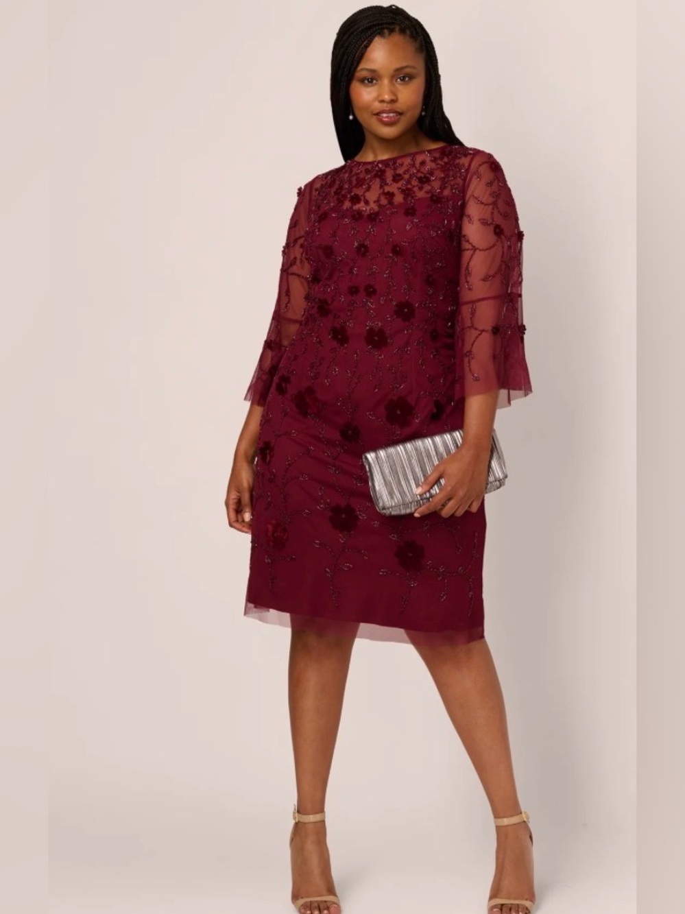 Adrianna Papell Sleeve Velvet Floral Bead Sheath Dress Mahogany. Size 24W.